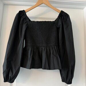 J. CREW Black Smocked Peplum Cropped Puff Long Sleeve Top XS